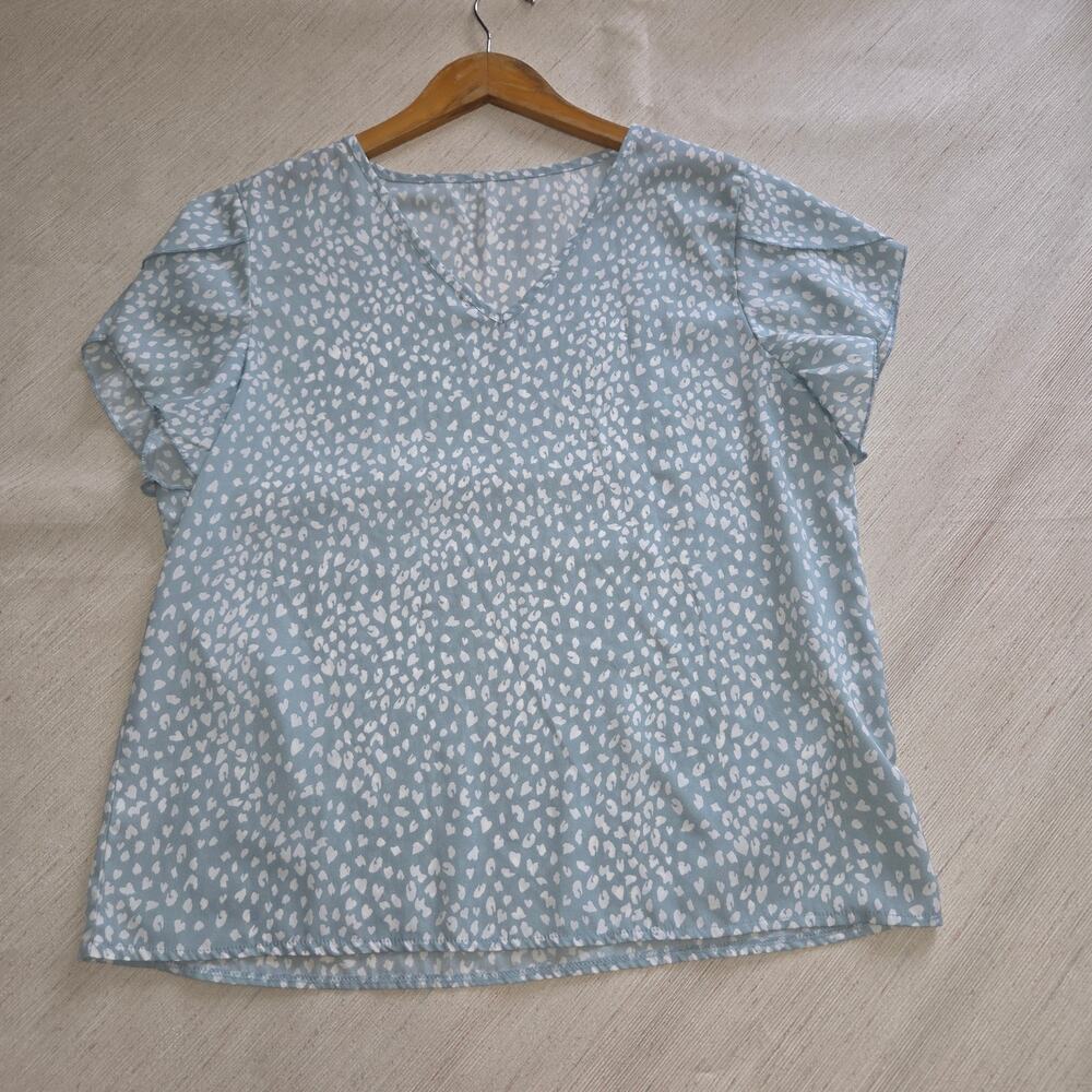 Shein blue white silky v-neck blouse woman's size Large